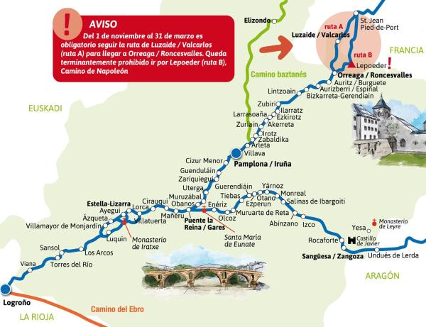 Mapa con los dos ramales del Camino Francés a su paso por Navarra